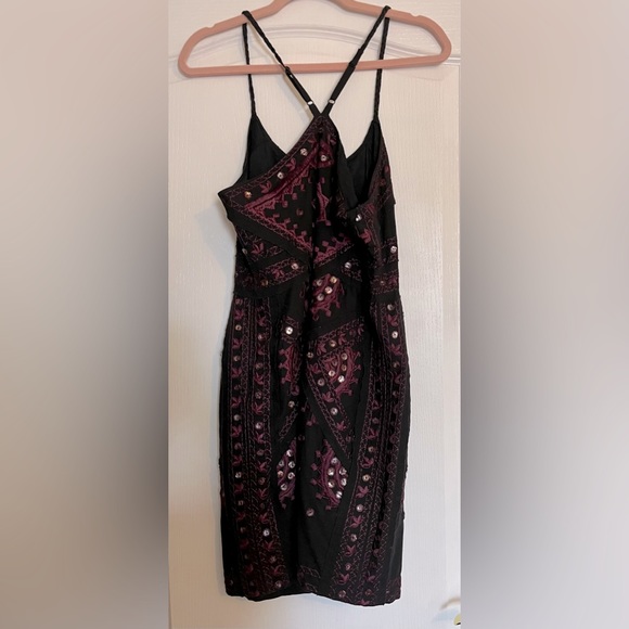 FREE PEOPLE Black Magic Mirror Bodycon Sheath Embroidered Sequin Dress Size 12 - Picture 5 of 12